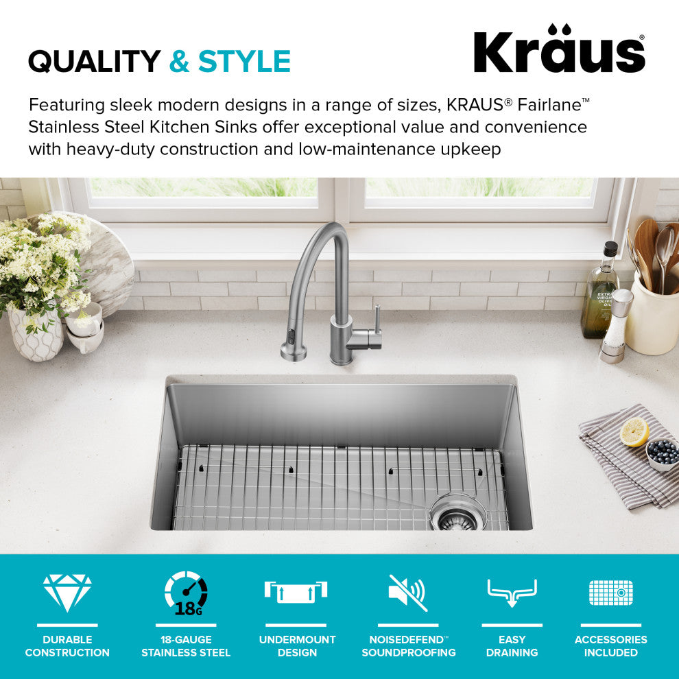 KRAUS Fairlane 33" Undermount 1-Bowl 18 Gauge Stainless Steel Kitchen Sink