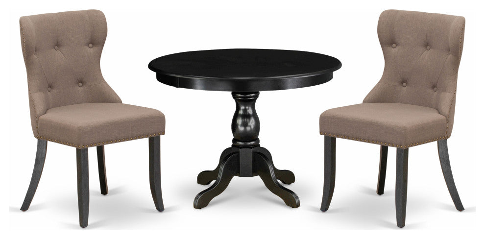 3Pc Dining Set, Black Wood Table, 2 Coffee Chairs, Wire Brushed Black