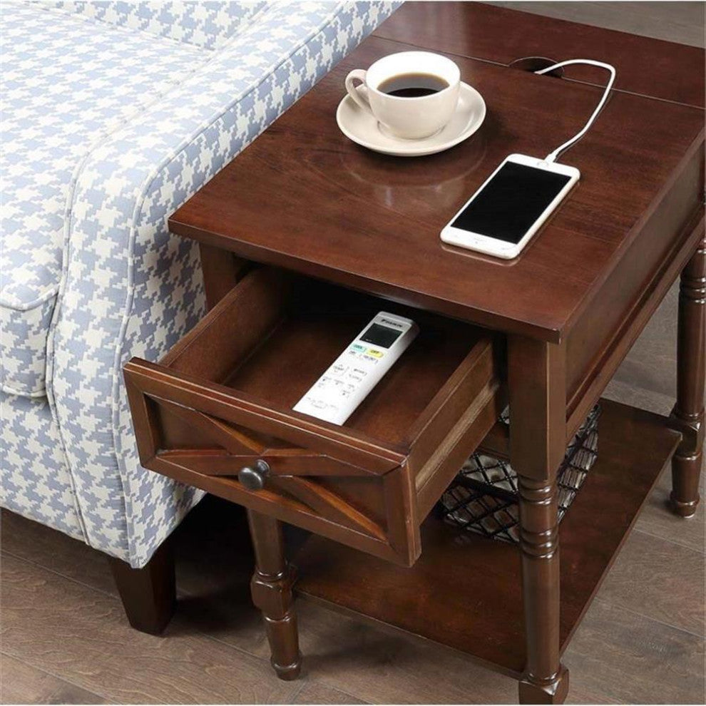 Country Oxford Square End Table with Charging Station in Espresso Wood Finish