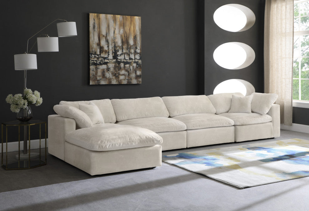 Cozy Velvet Upholstered Comfort L-Shaped Modular Sectional, Cream, 5-Piece: 2 Armless Chair, 2 Corner Chair, 1 Ottoman