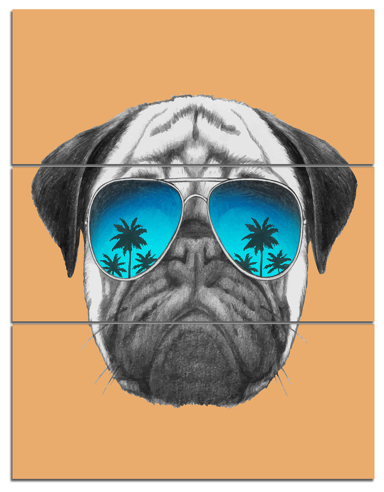 Funny Dog with Blue Glasses, Animal Triptych Canvas Art Print, 28x36, 3 Panels