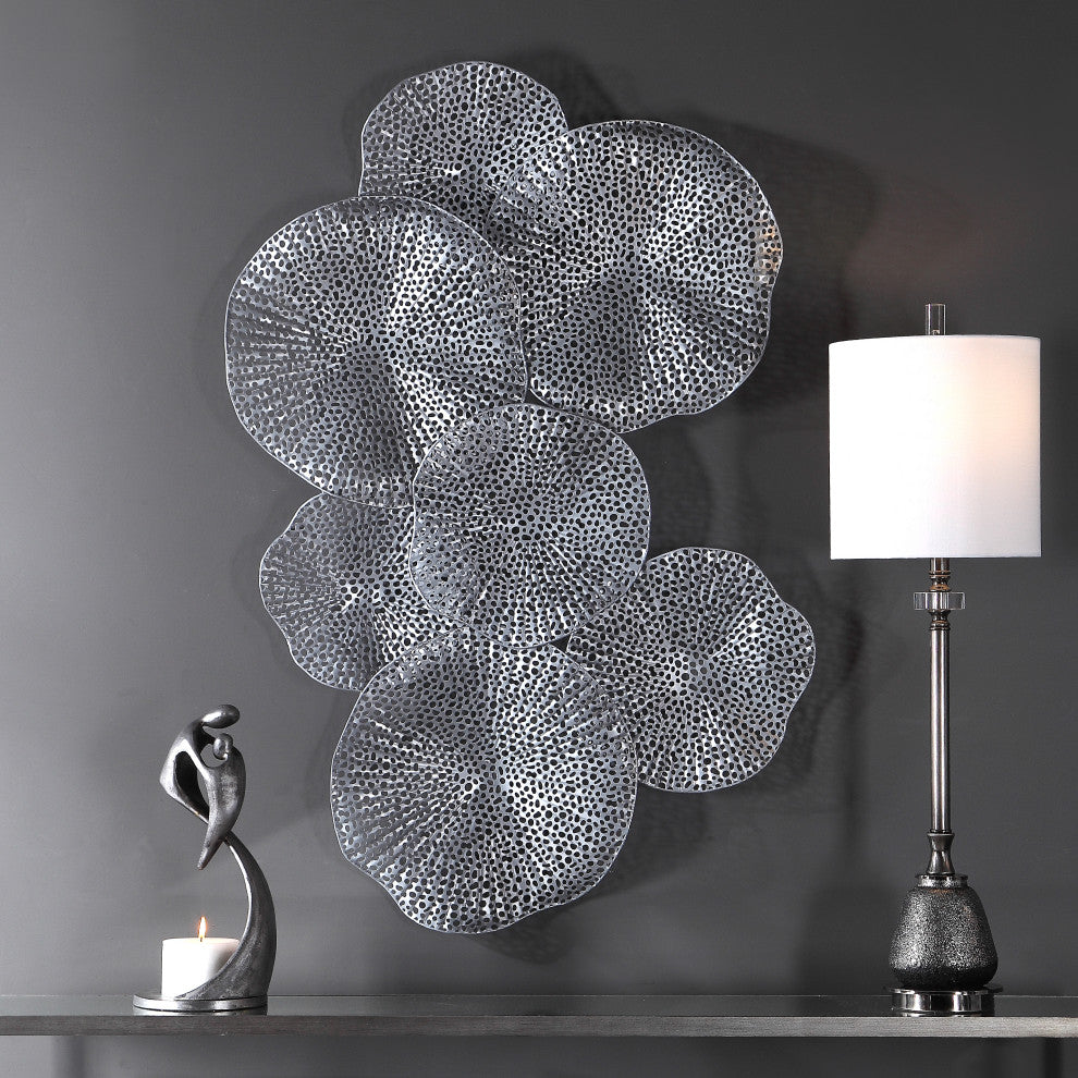 Modern Layered Lotus Leaf Disk Wall Art Silver Sculpture Metal Pierced Leaves