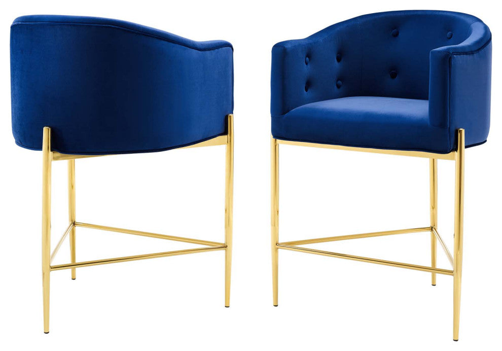 Tufted Counter Stool Chair, Set of 2, Velvet, Metal, Blue Navy, Modern, Bar Pub