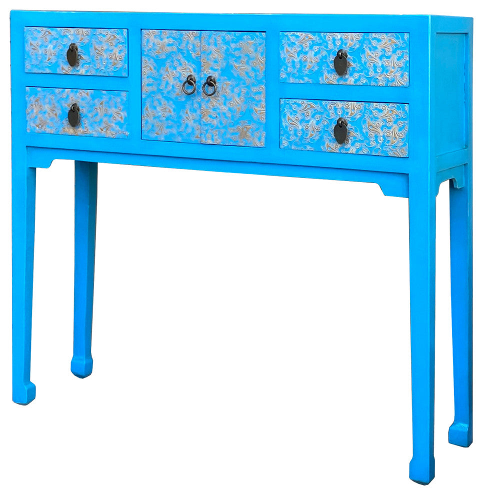 Bright Blue Lacquer Golden Flower Graphic Drawers Slim Foyer Side Table Hcs7146
