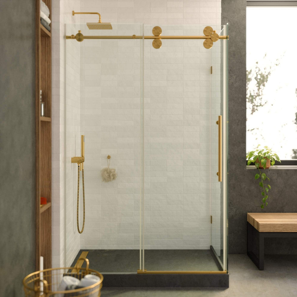 Frameless Shower Enclosure Sliding Shower Glass Door - Tempered Glass, Satin Brass, 48"