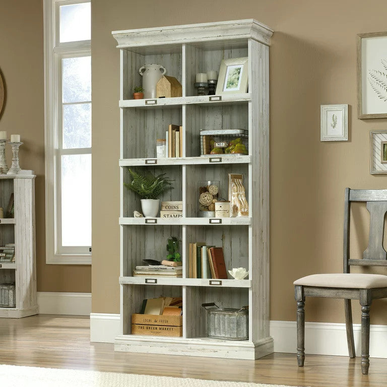 Tall Bookcase, Wood Frame & 10 Open Compartments With ID Label Tags, White Plank