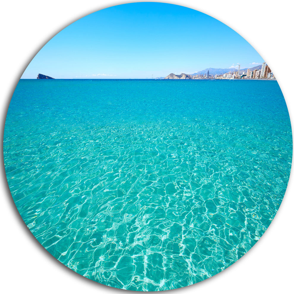 Blue Benidorm Levante Beach, Seashore Round Metal Wall Art, 36"