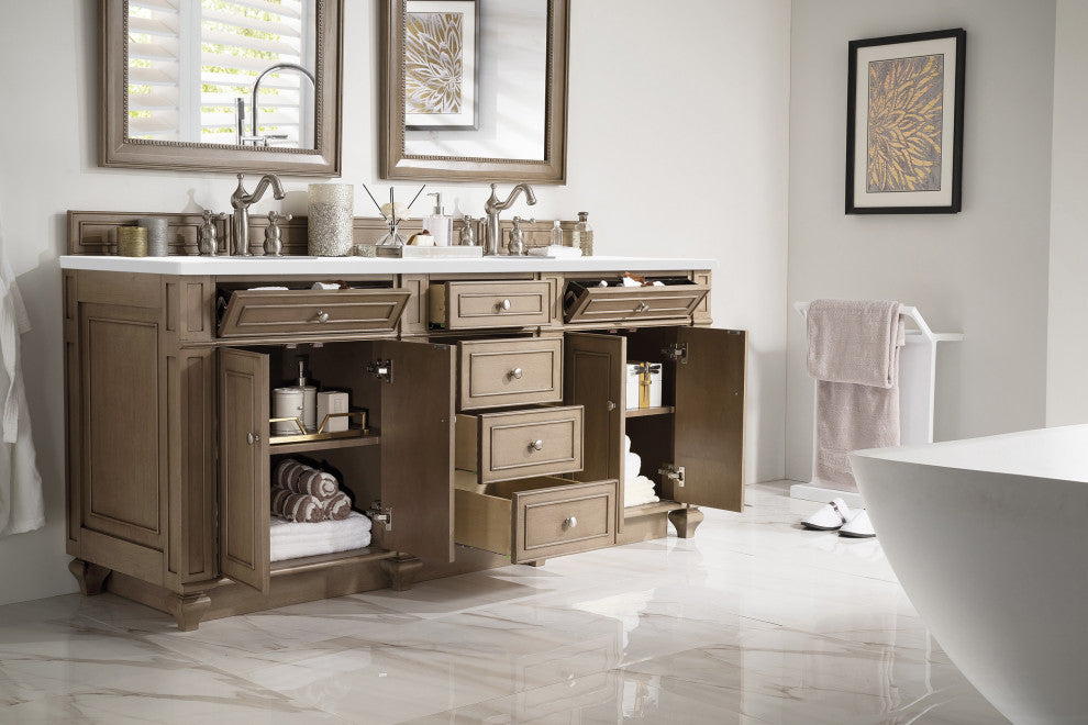 Bristol 72" Double Vanity Bright White, Whitewashed Walnut, White Zeus, Three-Hole