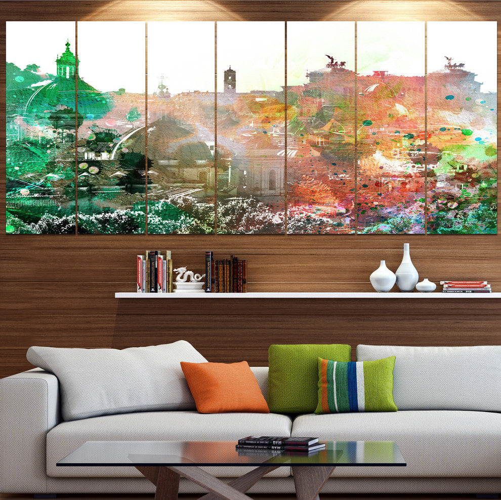 Colorful City Watercolor, Landscape Canvas Art Print, 83"x32", 7 Panels