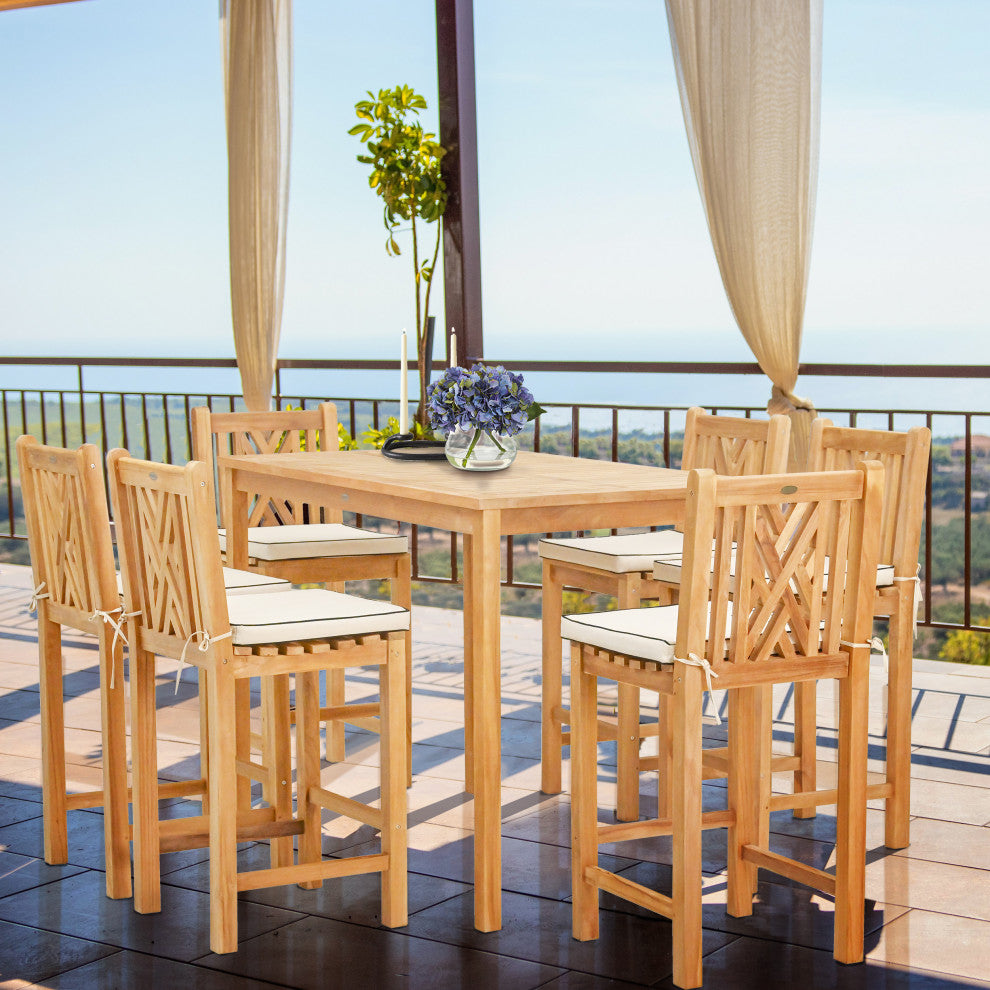 7 Piece Teak Wood Chippendale 55" Rectangular Bistro Bar Set, 6 Bar Chairs