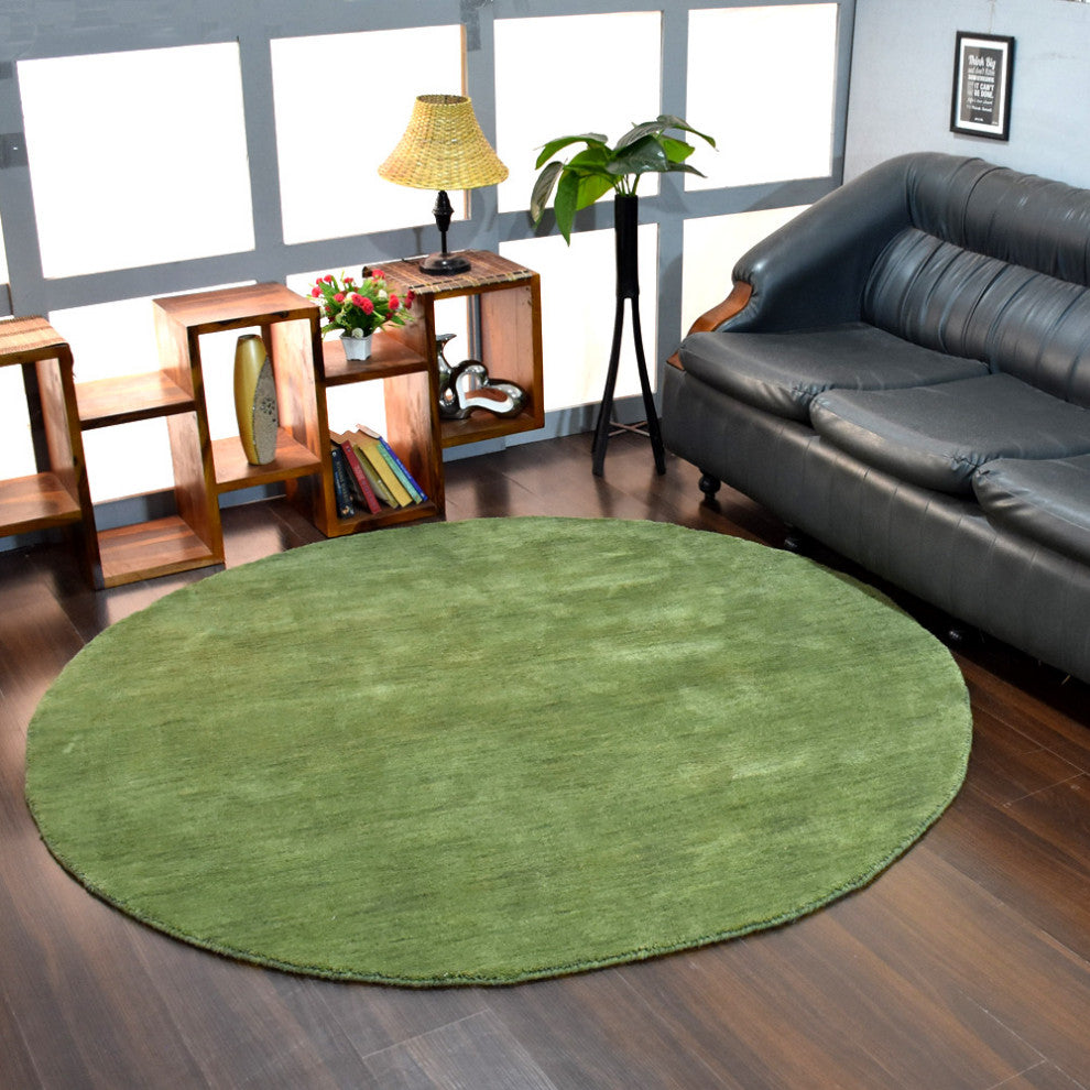 HAND KNOTTED LOOM WOOL ECO-FRIENDLY AREA RUGS-Round,Green,Solid Design