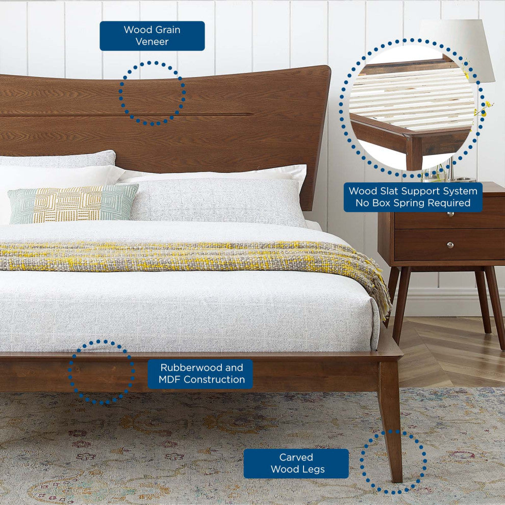 Platform Bed Frame, Full Size, Wood, Brown Walnut, Modern Mid-Century, Bedroom