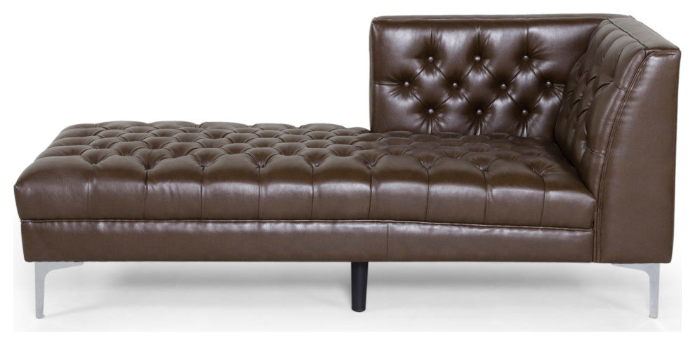 Bluffton Contemporary Tufted One Armed Chaise Lounge, Dark Brown + Silver