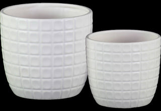 Round Pots, Embossed Lattice Square Design Body, 2-Piece Set, White