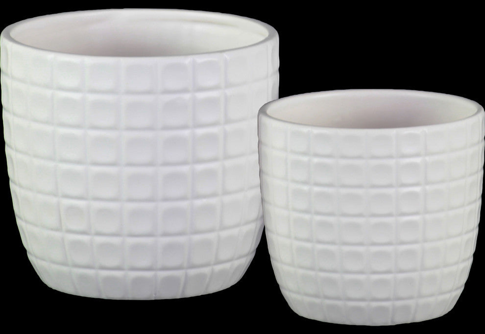 Round Pots, Embossed Lattice Square Design Body, 2-Piece Set, White