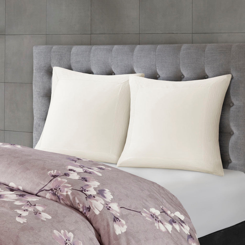 N Natori Sakura Blossom 3 Piece Cotton Sateen Printed Duvet Cover Set, Lilac