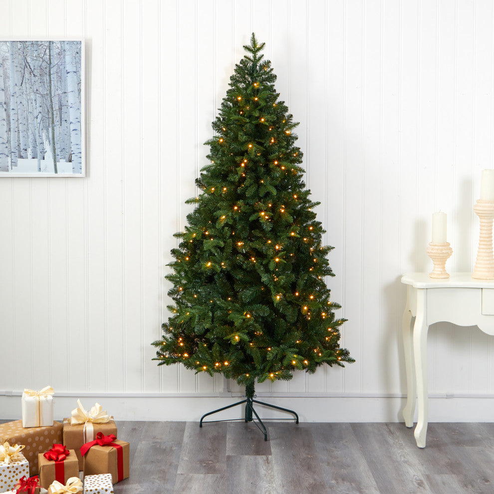7' Grand Teton Spruce Flat Back Faux Xmas Tree W/ Lights & Bendable Branches