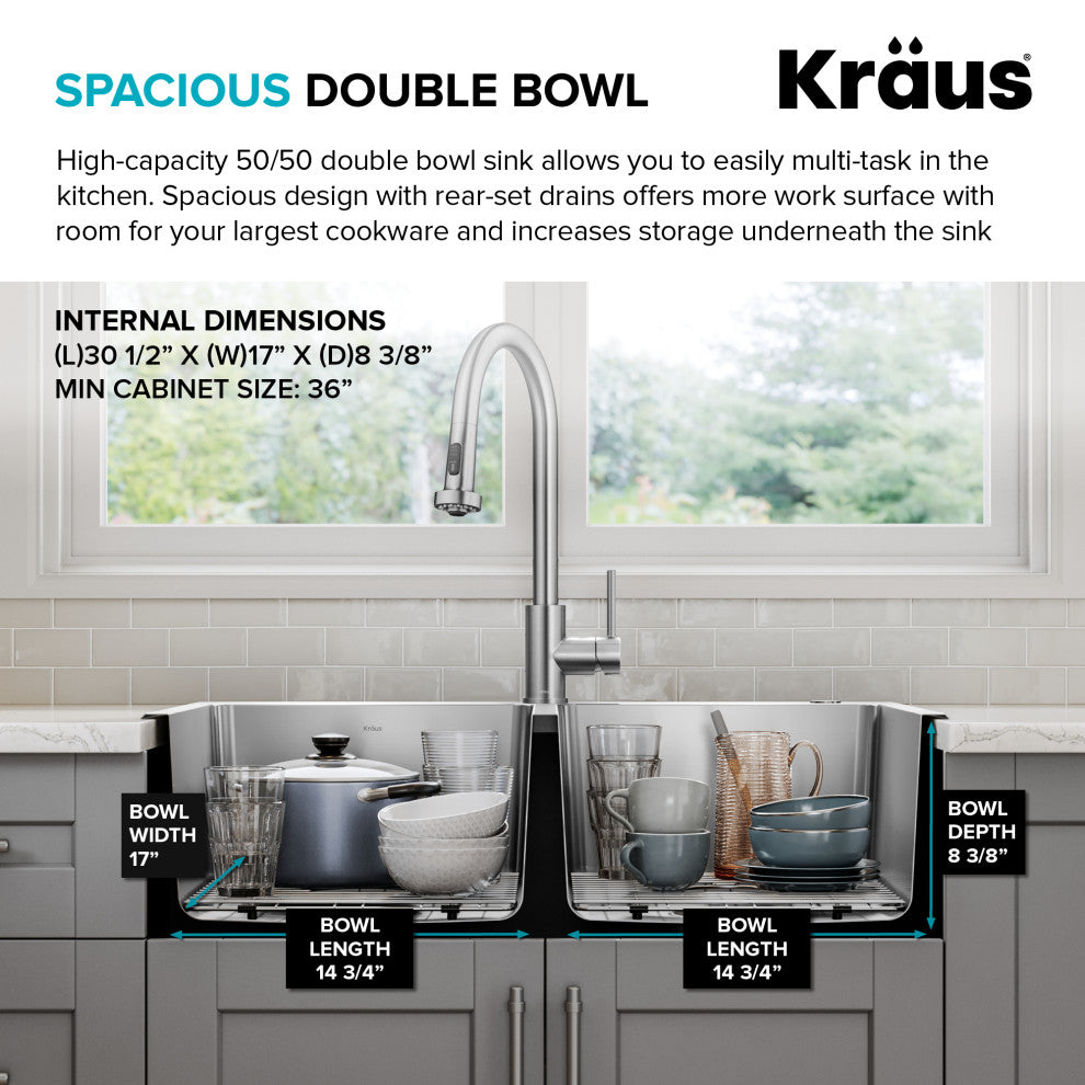 KRAUS Fairlane 33" Drop, / Top Mount 2-Bowl Stainless Steel Kitchen Sink