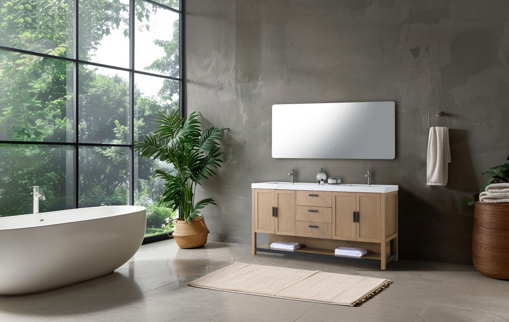 WINCHESTER Freestanding Modern Bathroom Vanity, Pecan Oak, 72", White Countertop