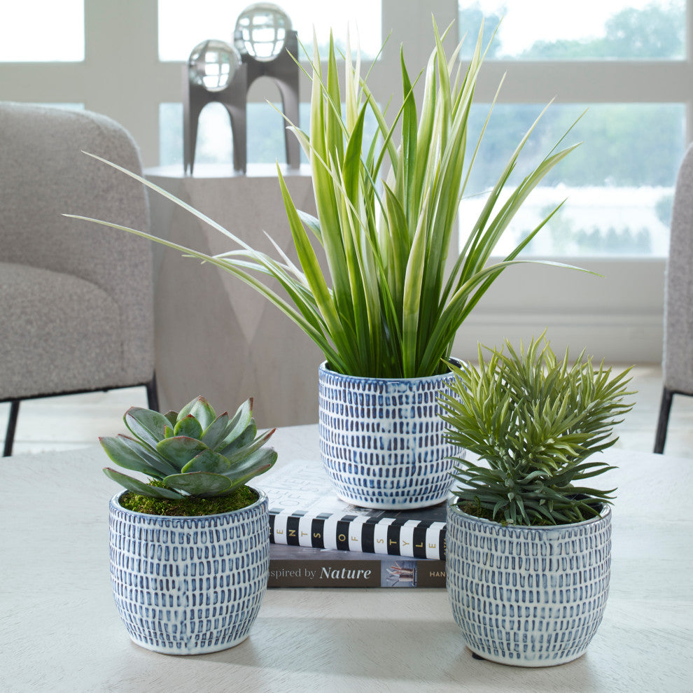 Uttermost Puebla Greenery In Blue & White Pots, 3-Piece Set