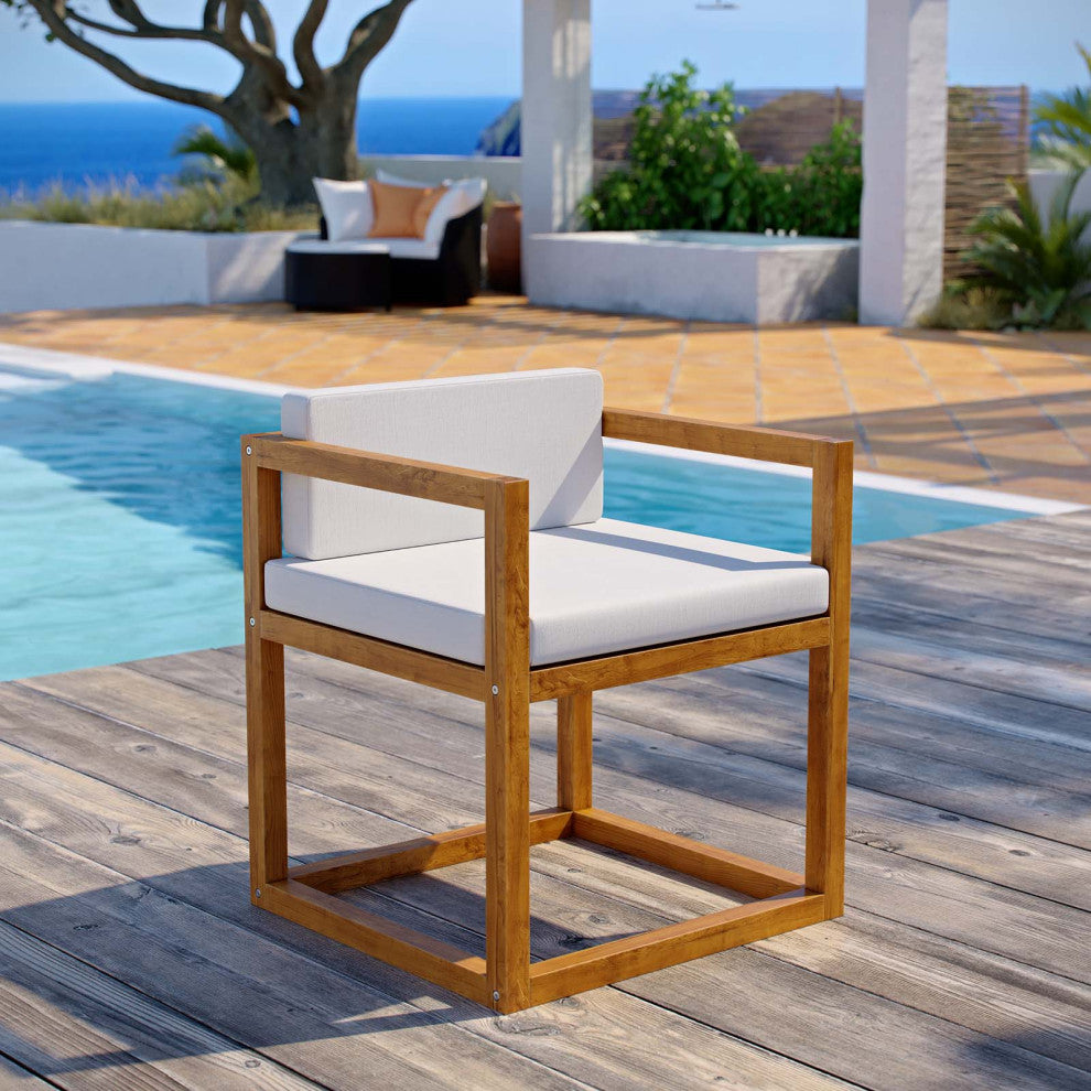 Modern Outdoor Patio Furniture Lounge Side Armchair Chair, Wood, Natural White