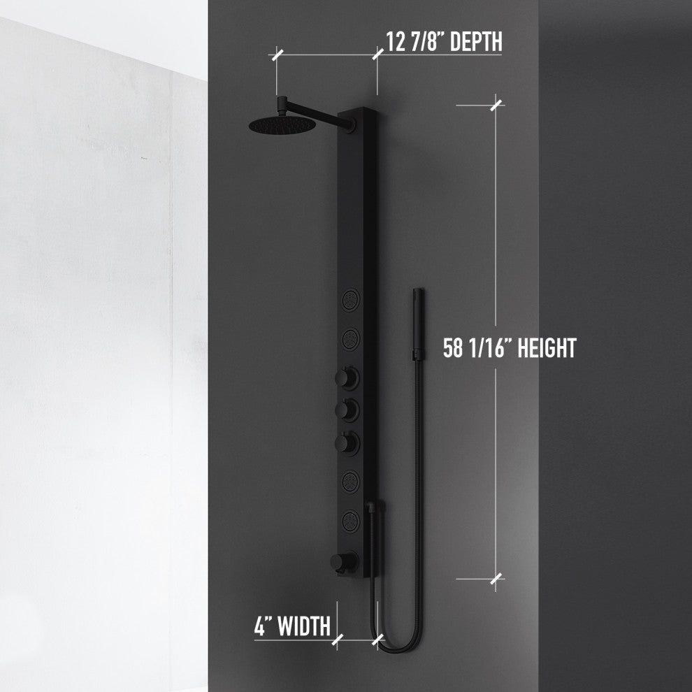 Bowery 58" H x 4" W 4-Jet Shower Panel with Round Shower Head and Tub Filler, Matte Black