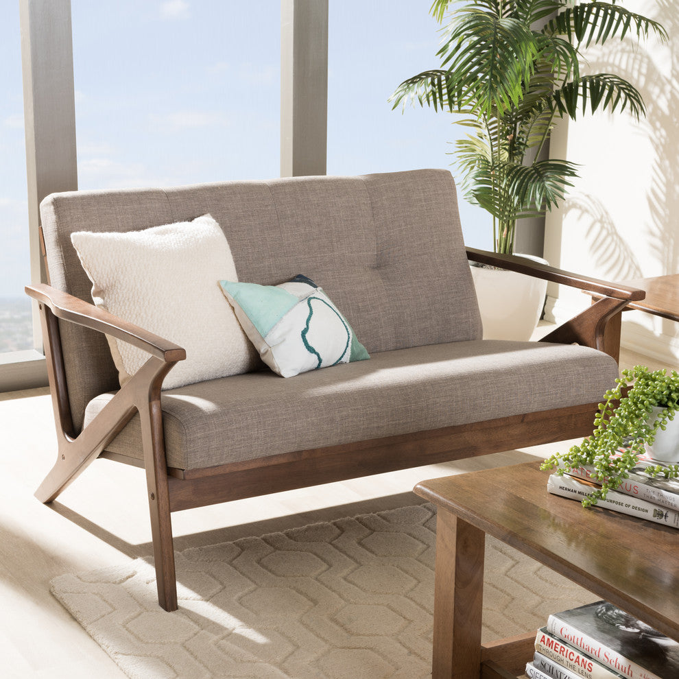 Bianca Mid-Century Modern Walnut Wood Light Gray Tufted 2-Seater Loveseat