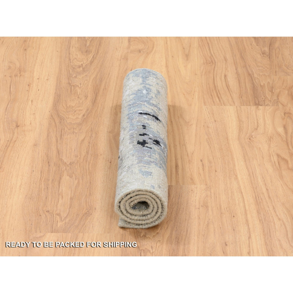Gray, Modern Abstract Design Wool and Silk, Hand Knotted Mat Rug, 2'0" x 2'10"