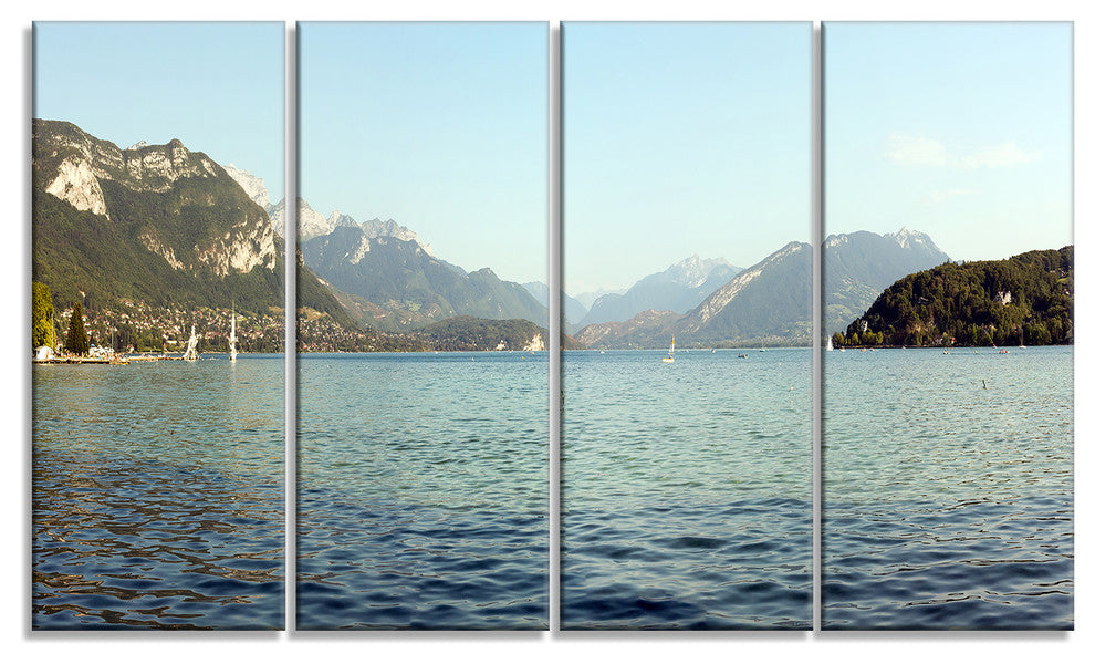Annecy Lake France Panorama, Landscape Canvas Art Print, 48"x28", 4 Panels