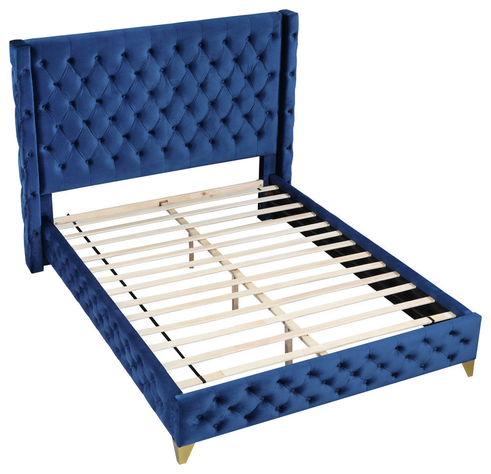 Yuen Button Tufted Velvet Platform Bed, Navy Blue, Eastern King