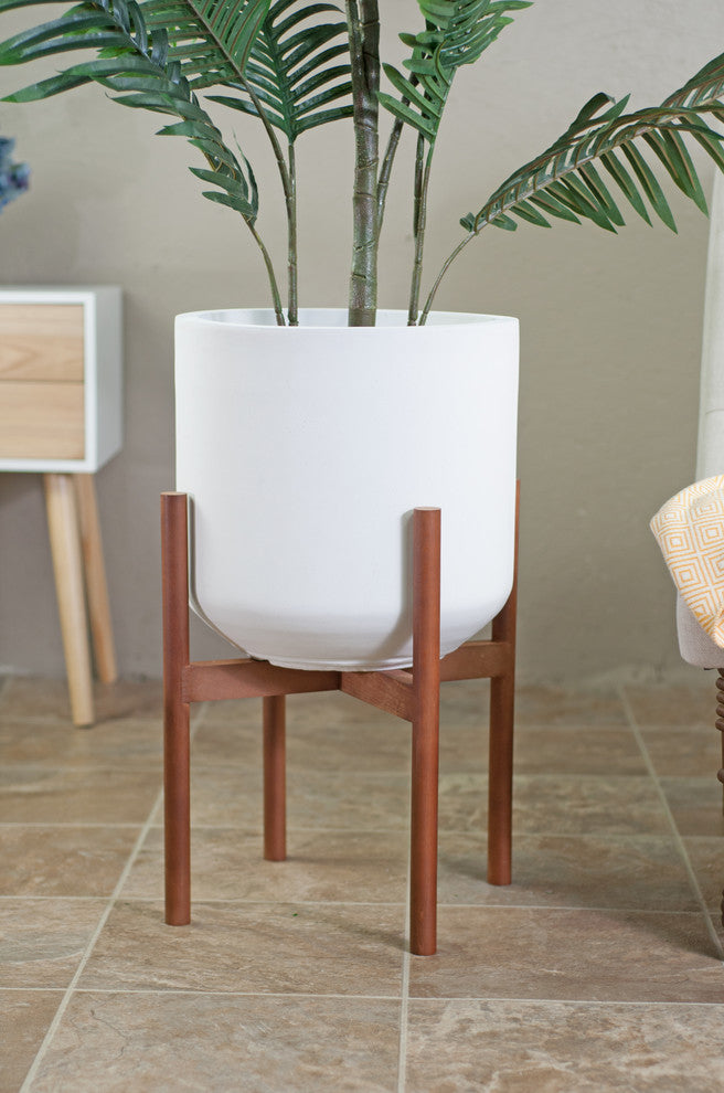 Extra Large Fiber Clay Pot 13'' White With Wood Plant Stand Set Walnut Color