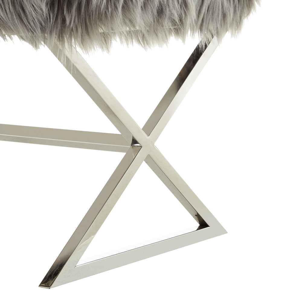 Oria Faux Fur X-Leg Chrome Base Ottoman, Gray/Chrome