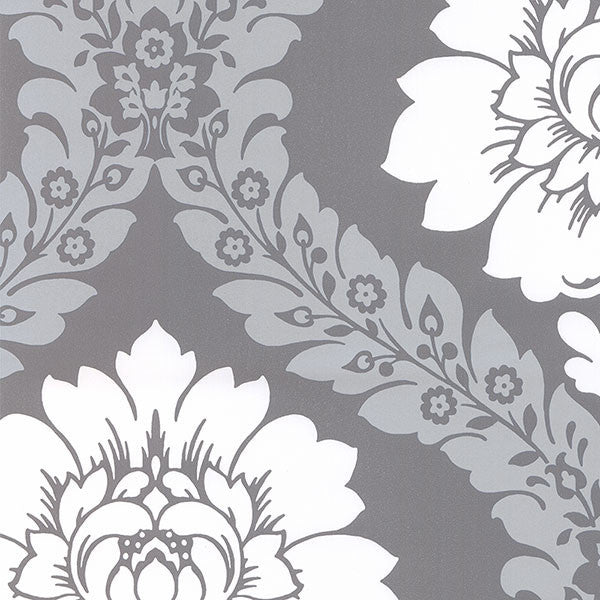 Modern Floral Damask, Silver Gray and White, 1 Bolt