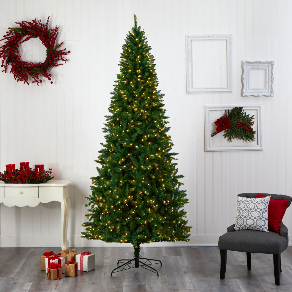 9' Green Valley Fir Faux Xmas Tree W/ 800 Clear Lights & 2093 Bendable Branches