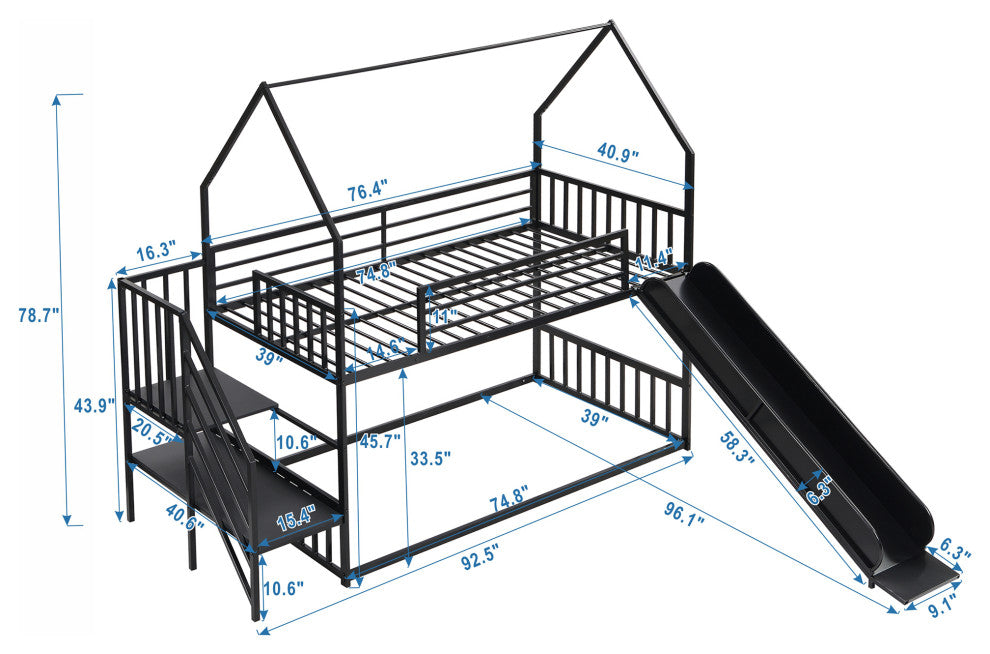 Gewnee Twin Metal Bunk Bed House Bed with Slide and Staircase in Black