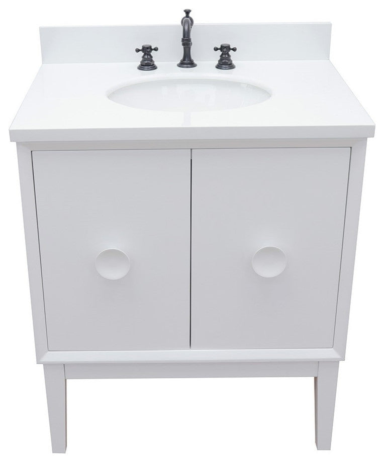 31" Single Vanity, White Finish With White Engineered Stone Top And Oval Sink