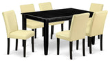 7 Pieces Dining Set, Black Rectangular Table and Eggnog Pu Leather Padded Chairs