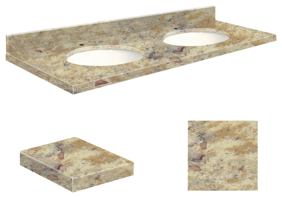 Quartz 61"x22" Double Sink Vanity Top, Single Faucet Hole, Trail, White Bowl