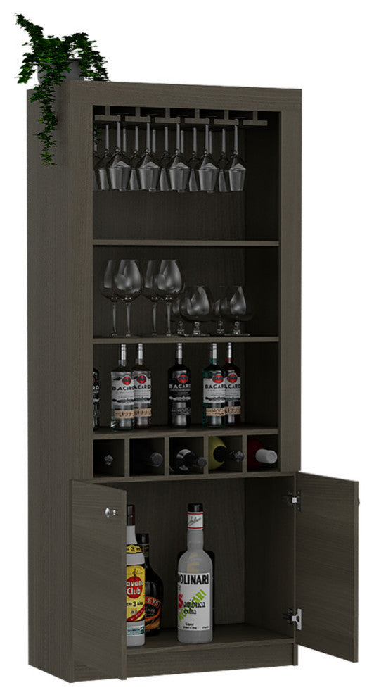 New York Bar Cabinet with Wine Rack, 5 Cubbies, and 3 Shelves, Smokey Oak