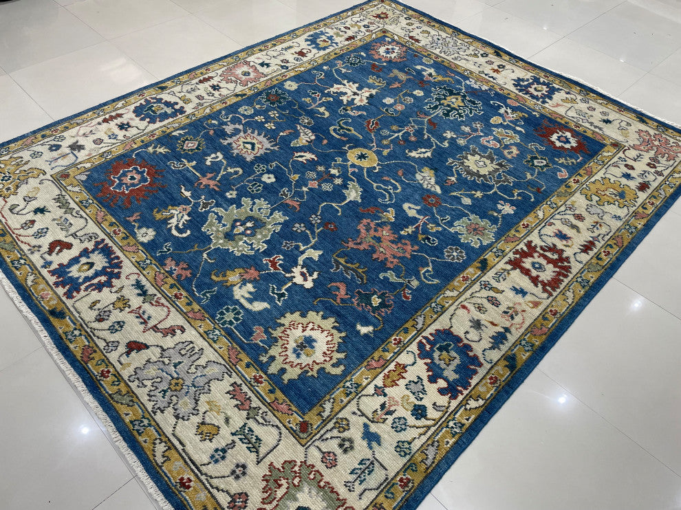 EORC Blue/Beige Hand Knotted Wool Colorful Mahal Classic Rug, 8'x10