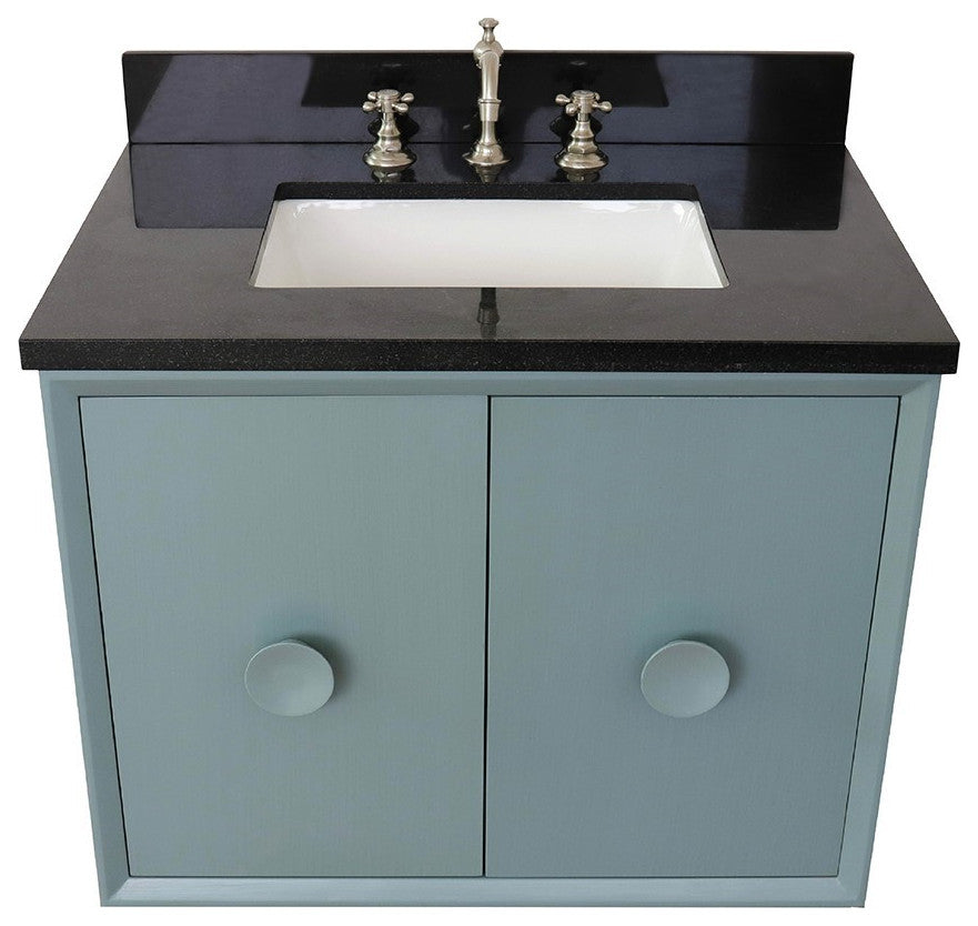 31" Single Wall Mount Vanity, Aqua Blue Finish With Black Galaxy Top
