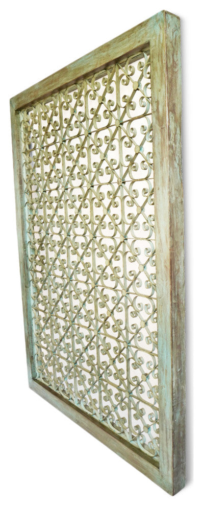 Large Green Wood Framed Iron Rosette Screen