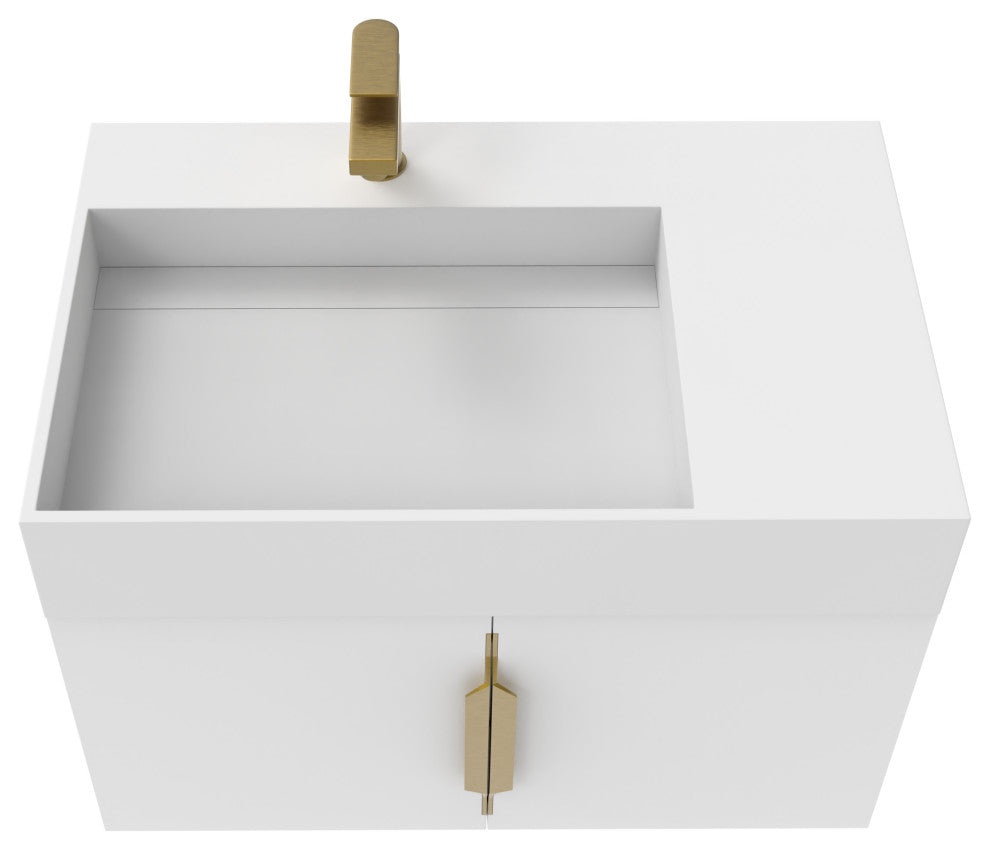 CastelloUSA Amazon 30" Left Wall Mounted Bathroom Vanity Set, White, White Top, Gold Handles