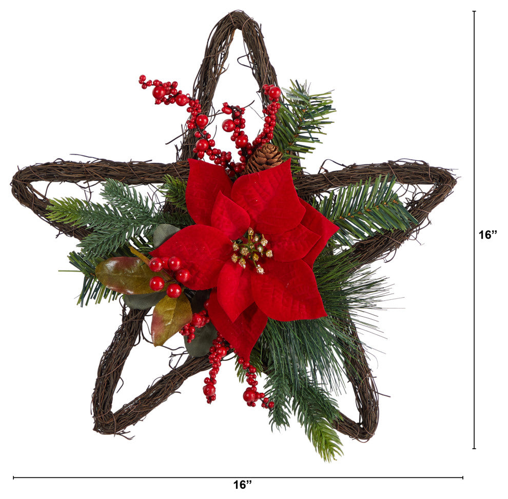 16" Holiday Christmas Poinsettia Star Twig Wreath