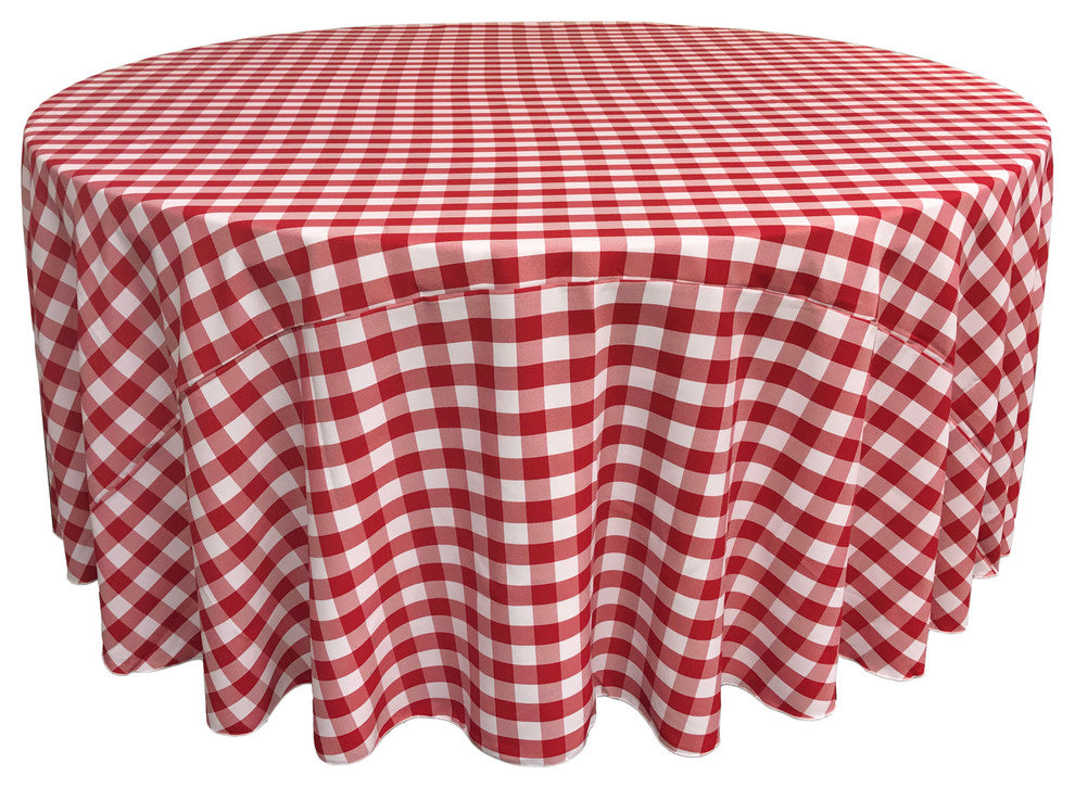 LA Linen Round Gingham Checkered Tablecloth, White and Red, 108" Round