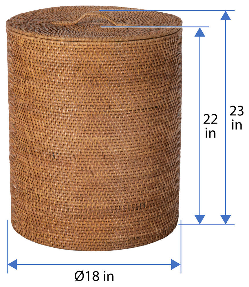 Loma Round Rattan Hamper and Laundry Basket With Removable liner, Honey Brown