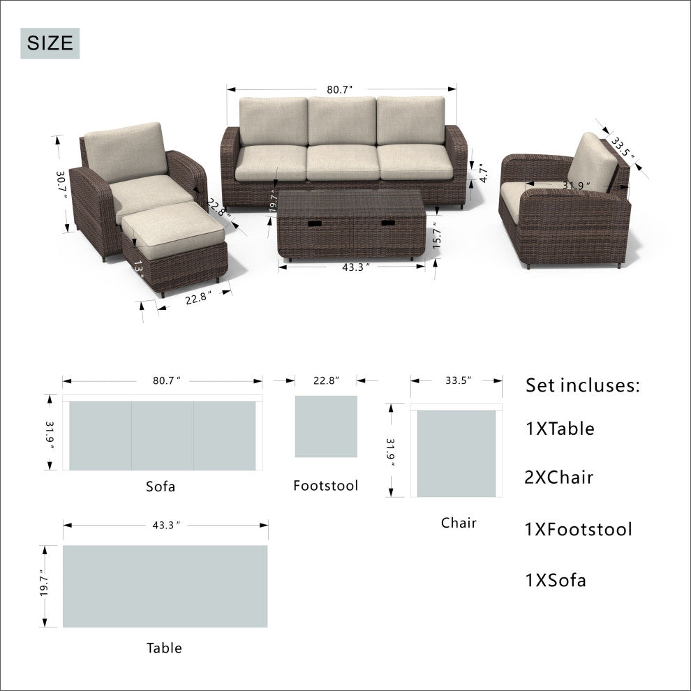 5-Piece Patio Wicker Cozy Conversation Seating Set, Grey Wicker