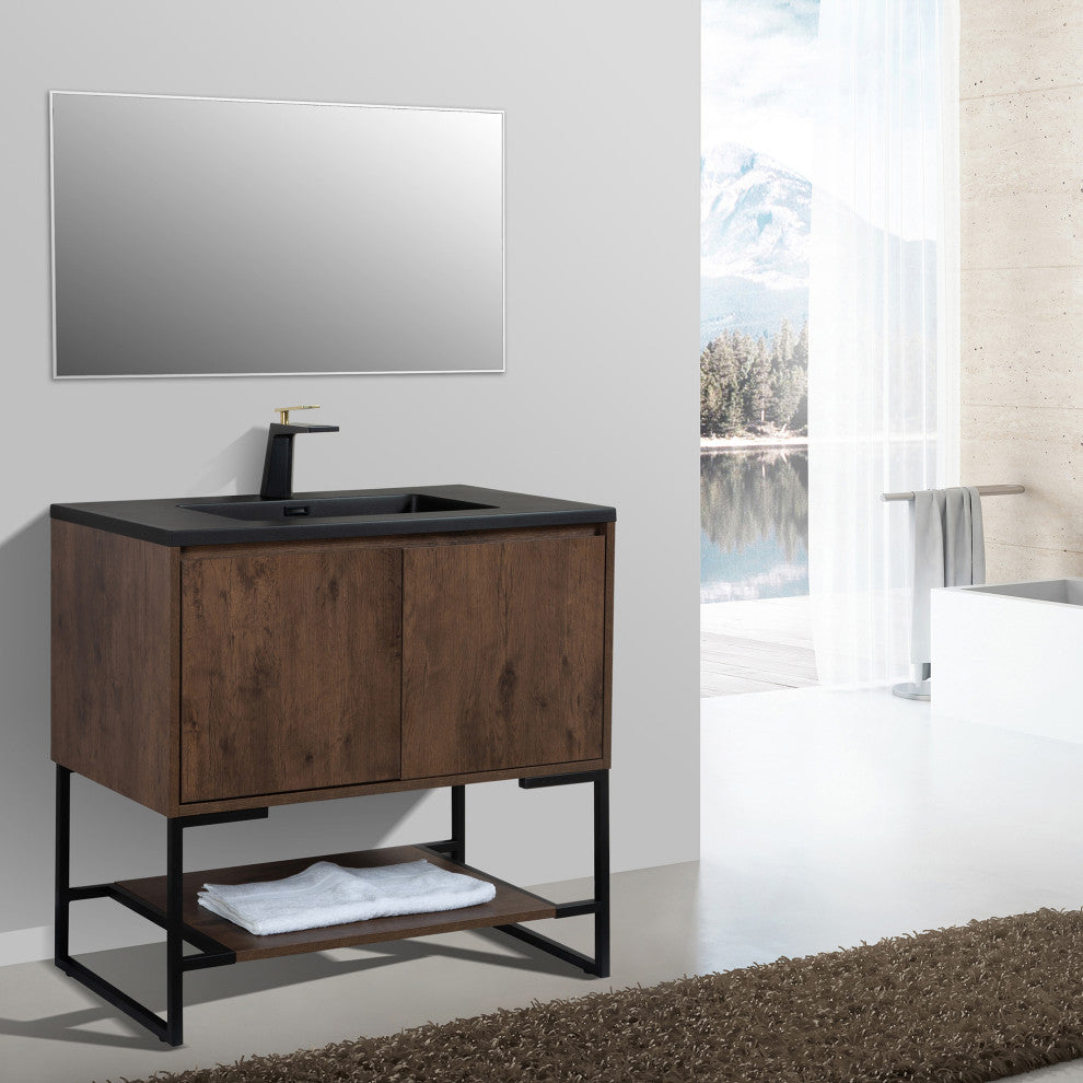 Freestanding Bath Vanity Set, Rose Wood, Integrated Solid Surface Sink, 36"