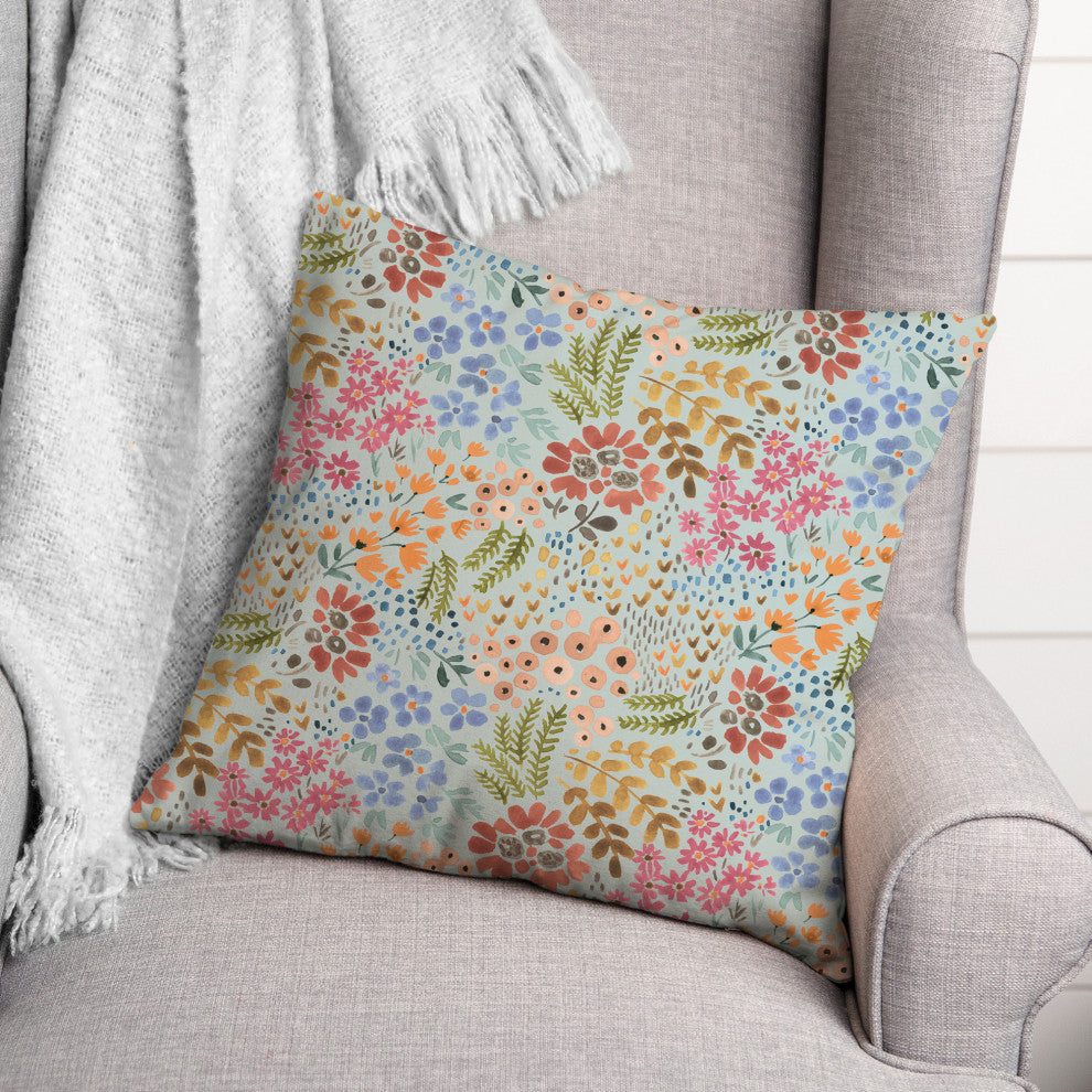 Wild Flower Floral on Blue 18x18 Spun Poly Pillow
