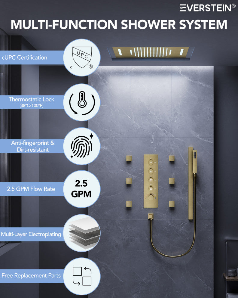 LED Thermostatic Shower System Rain Shower Head With 6 Body Jets, Brushed Gold, 23"x15", Slide Bar